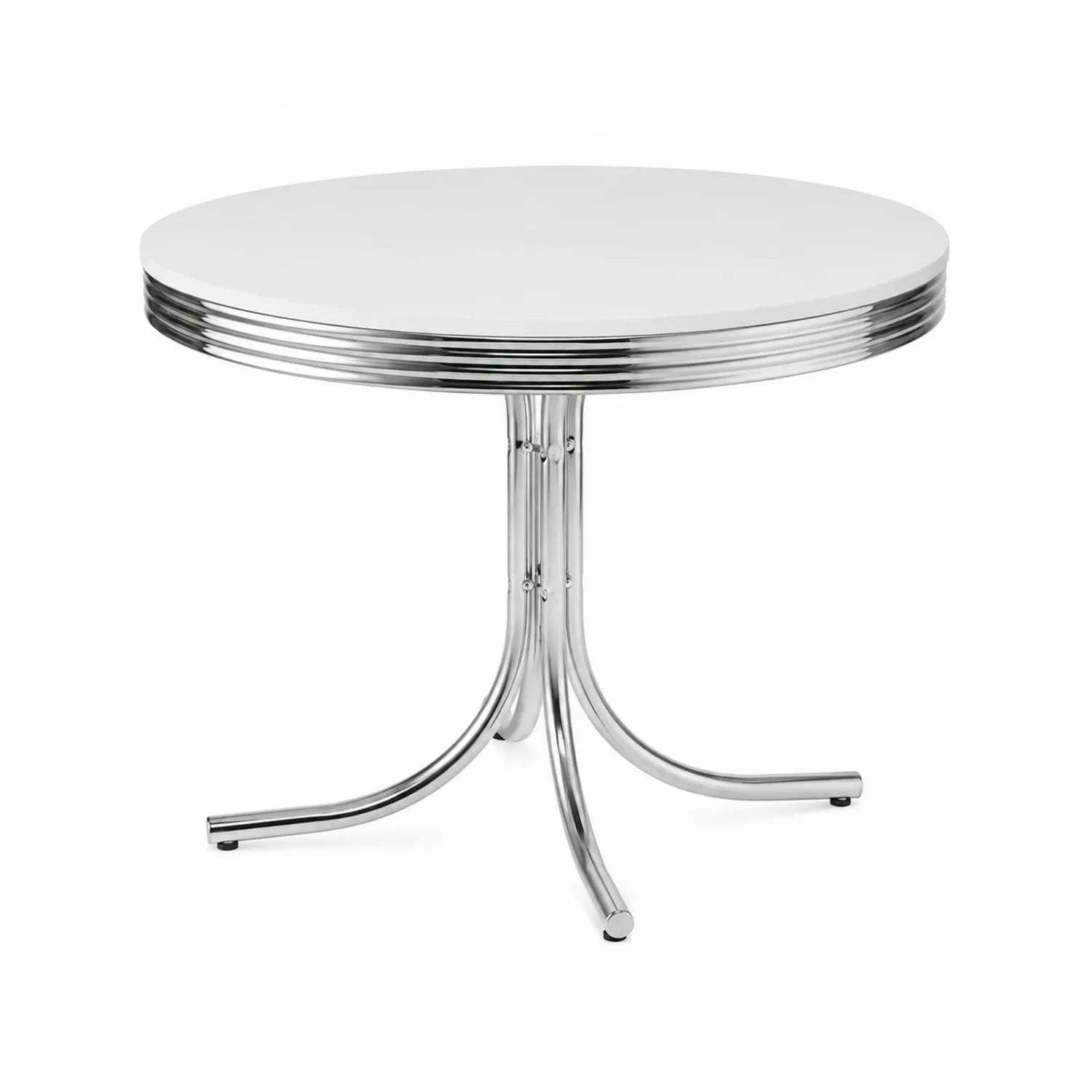 Runder Tisch aus Weißem MDF und Verchromtem Stahl Ø 90cm