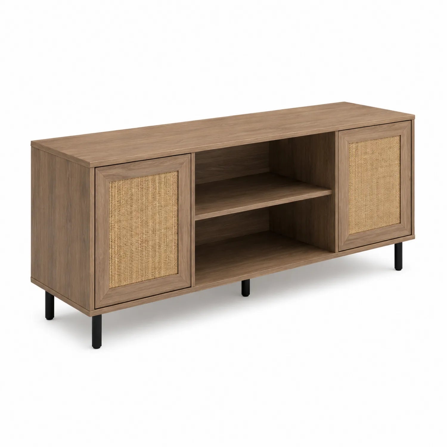 TV-Schrank aus Holz mit Korbgeflecht und Metallbeinen