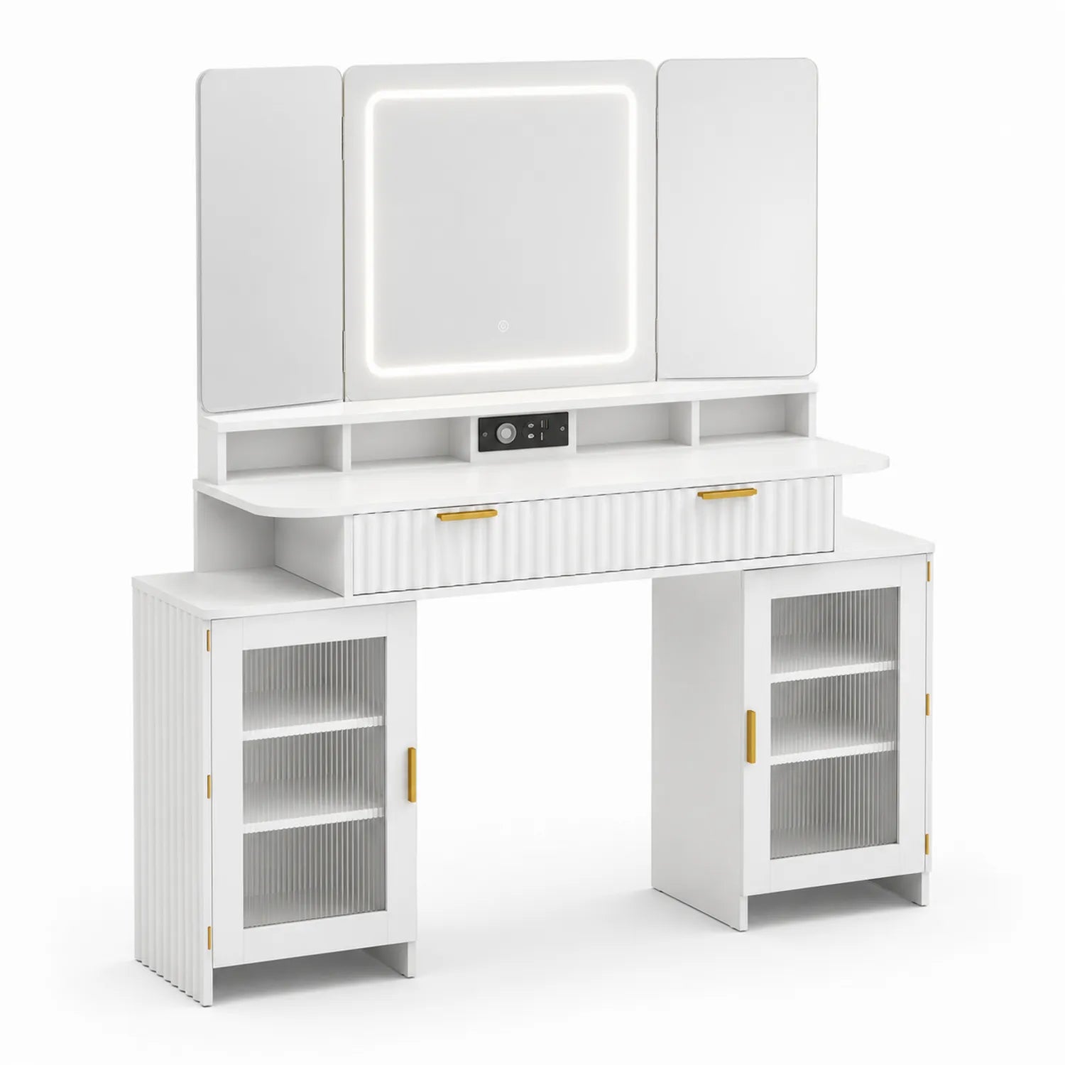 Schminktisch mit LED-Spiegel Weiß MDF Glas